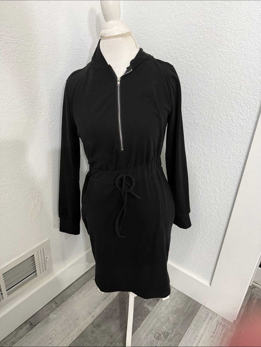 Black Long-Sleeve Hooded Zip-Front Drawstring Dress